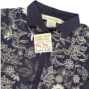 Gretchen Scott NWT Botanical Garden Top Navy Embroidered 3/4 Sleeve Shirt XS